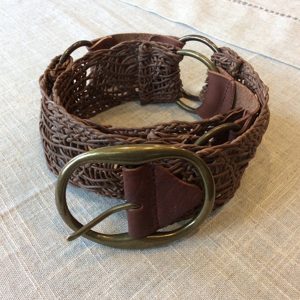 CAbi Brass Buckle Woven Leather Boho Belt